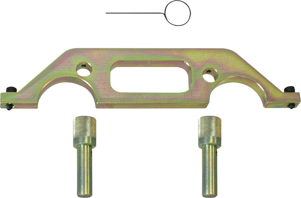Motorblock-Timing-Werkzeugsatz mit Brückenplatte, Verriegelungsstiften und Drahtschleife für präzise Ausrichtung bei Wartung und Reparaturen.
