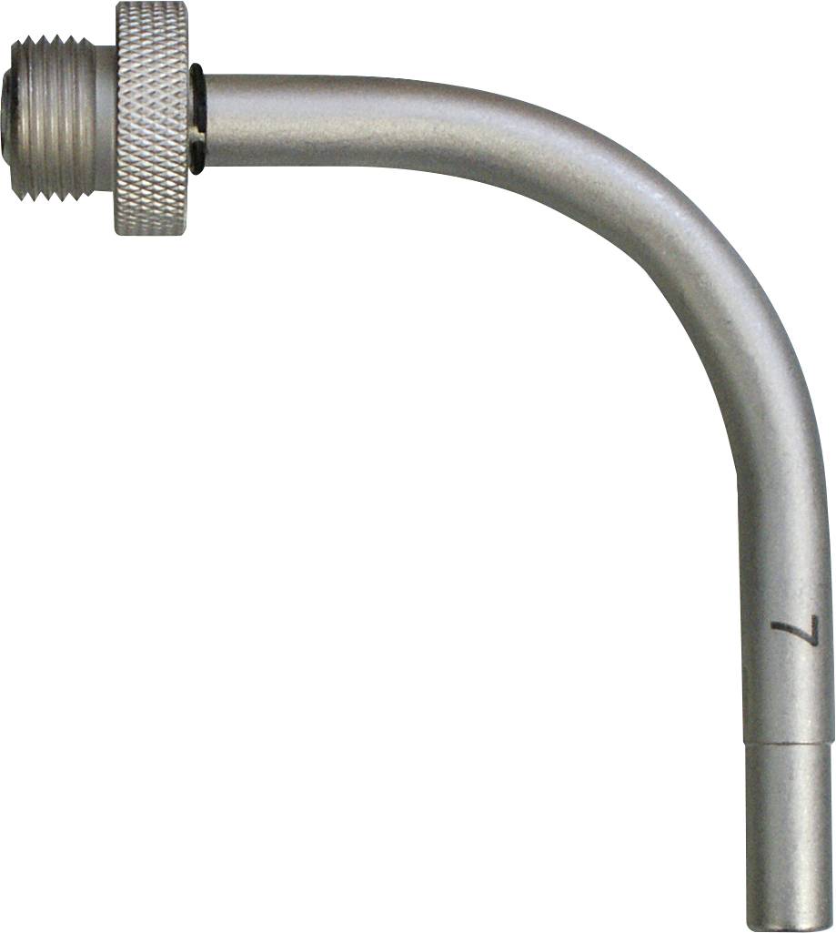 Ein Metallventil-Adapter mit einem abgewinkelten, gewindelten Ende, das zum Umwandeln verschiedener Ventiltypen auf Fahrrädern oder aufblasbaren Objekten verwendet wird.