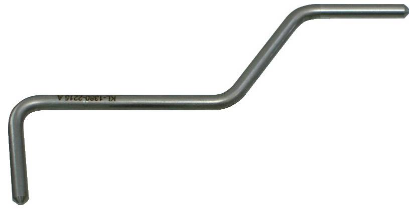 Ein Metallinnensechskantschlüssel mit gebogener, kantiger Form, häufig zum Einstellen von Schrauben in Möbeln oder Maschinen verwendet.