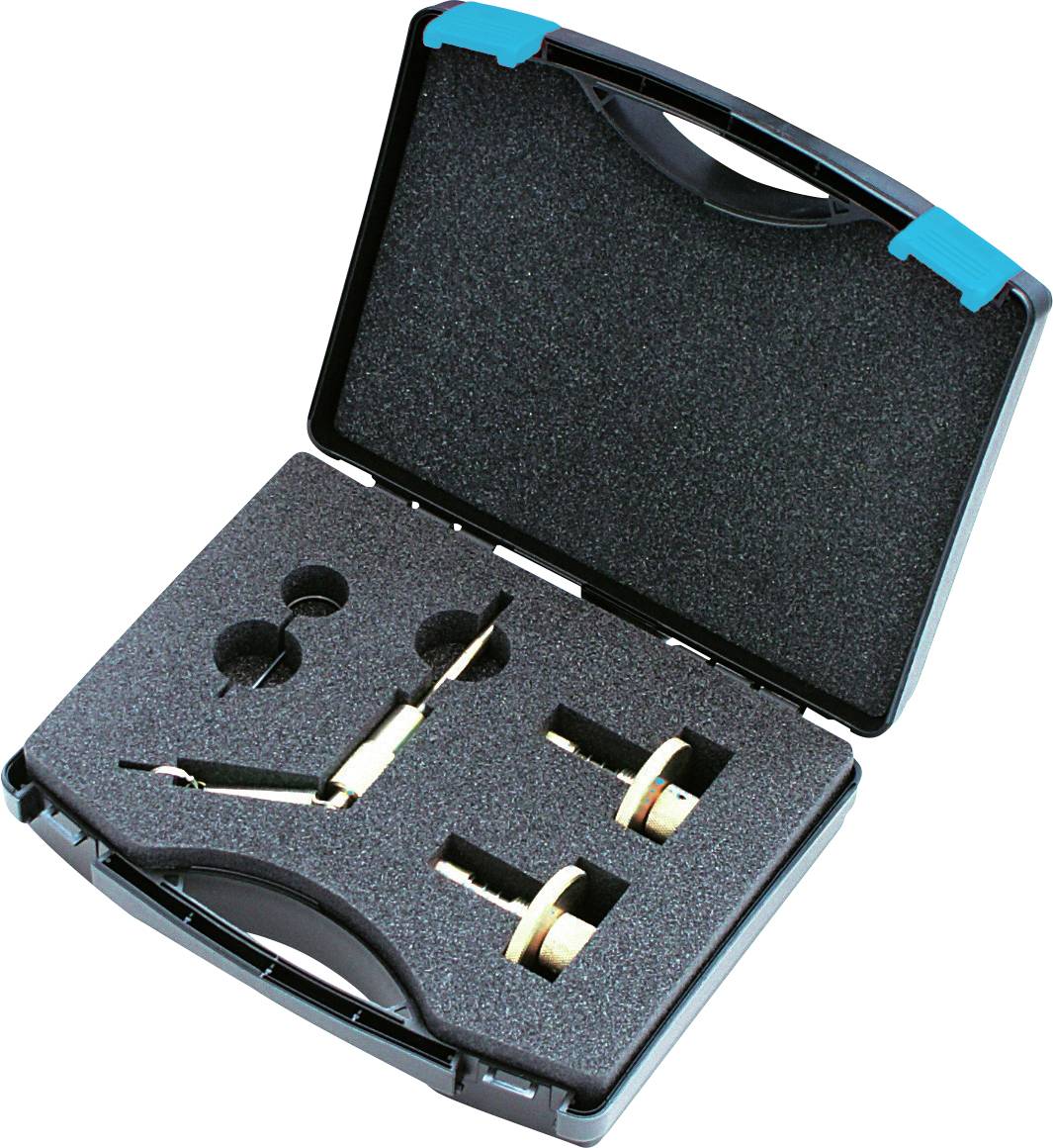 Ein offener schwarzer Werkzeugkoffer mit Schaumstoffinnenseite, der Metallschlosserwerkzeuge sicher an ihrem Platz hält, wird für Türinstallationen oder Anpassungen verwendet.