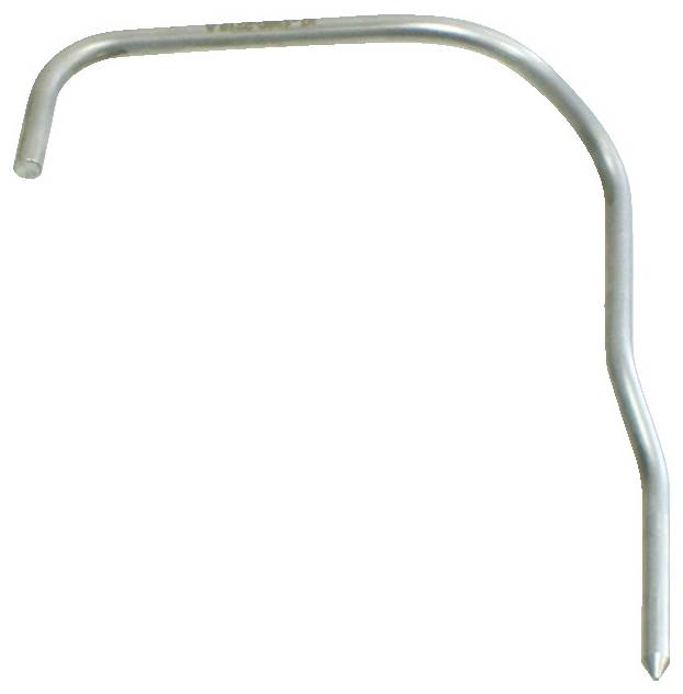 Ein gekrümmter Metallstab mit einer spitzen Spitze, möglicherweise zum Gärtnern oder Verankerung verwendet, isoliert auf weißem Hintergrund.