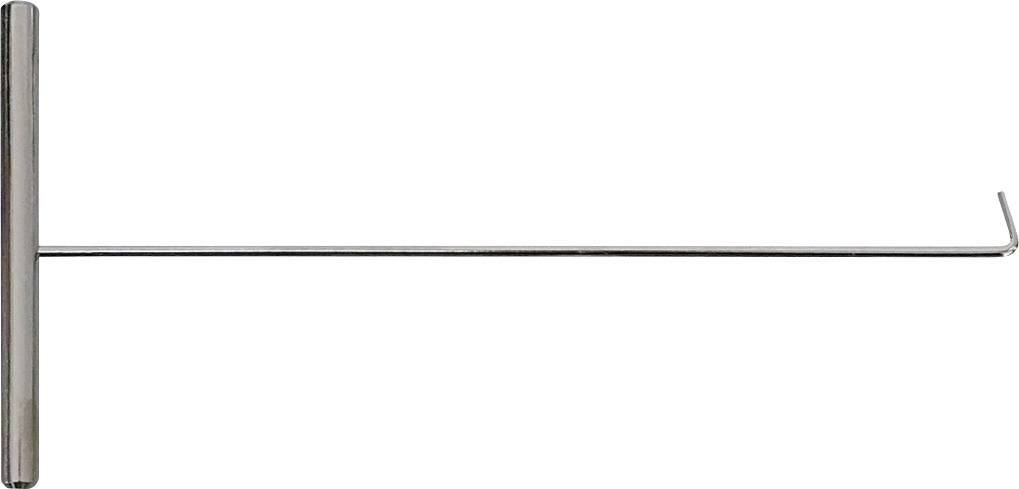 Ein langer, dünnes Metallwerkzeug mit zylindrischem Griff und gebogenem Ende, das eine T-Form aufweist; wird für manuelle Aufgaben oder Einstellungen verwendet.