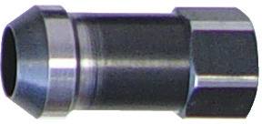 Ein Nahaufnahmebild eines zylindrischen Metallobjekts mit einer strukturierten Oberseite, das einem Präzisionswerkzeug oder einer Komponente ähnelt, auf weißem Hintergrund.