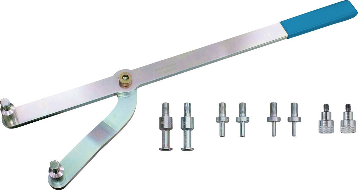 Ein Schraubenschlüssel mit langem Griff und blauem Griff, daneben sechs verschieden große Schrauben in einer Reihe angeordnet, was die Verwendung mit verschiedenen Schraubengrößen anzeigt.