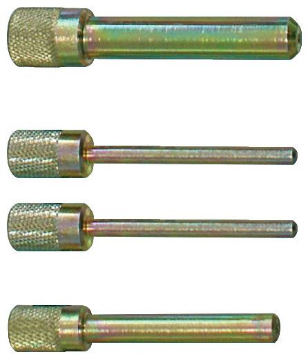 Vier Metallstiftstifte verschiedener Längen, jeder mit einer strukturierten Griffoberfläche an einem Ende, horizontal ausgerichtet.