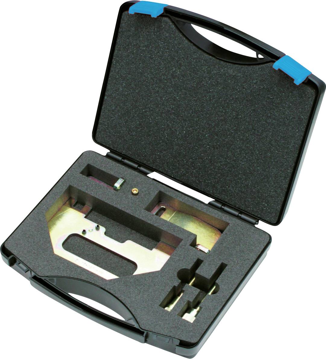 Ein schwarzer zylindrischer hydraulischer Bauteil unterhalb eines metallischen Ventils und roten und schwarzen Fittings, wahrscheinlich Komponenten für ein mechanisches System.