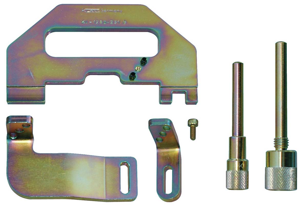 Nockenwellen-Blockierwerkzeugsatz mit verschiedenen metallischen Komponenten vor neutralem Hintergrund, verwendet für Motorwartung und Ausrichtung.