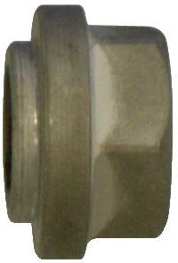 Eine Metallsechskantmutter mit Flanschkante, von der Seite betrachtet.