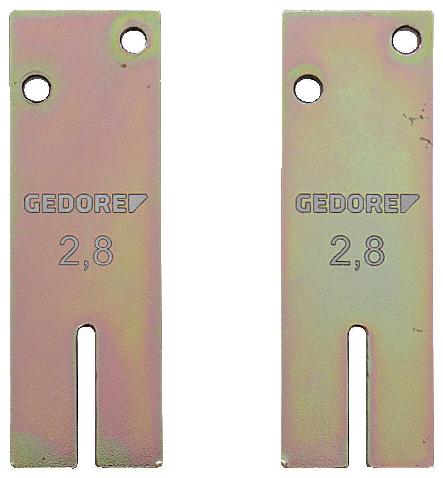 Zwei rechteckige Metallblöcke mit Löchern und Schlitzen, bezeichnet mit „GEDORE 2,8