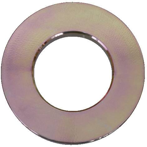 Eine runde, flache, metallische Unterlegscheibe mit einer zentralen Bohrung, die typischerweise in mechanischen Baugruppen verwendet wird, um Lasten zu verteilen oder ein Lockern zu verhindern.