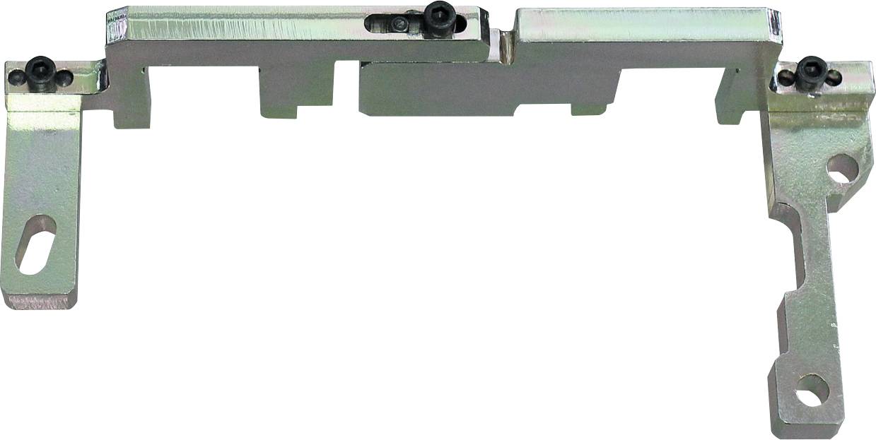 Ein Metallmontagebügel mit Schrauben, mit einem kantigen Design und Schlitzen zur Befestigung, der zum Stützen oder Sichern von Komponenten verwendet wird.