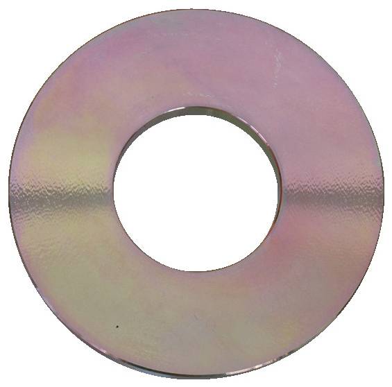 Ein metallisches, kreisförmiges Objekt mit einer reflektierenden, schillernden Oberfläche und einem Loch in der Mitte, das einer Unterlegscheibe ähnelt.