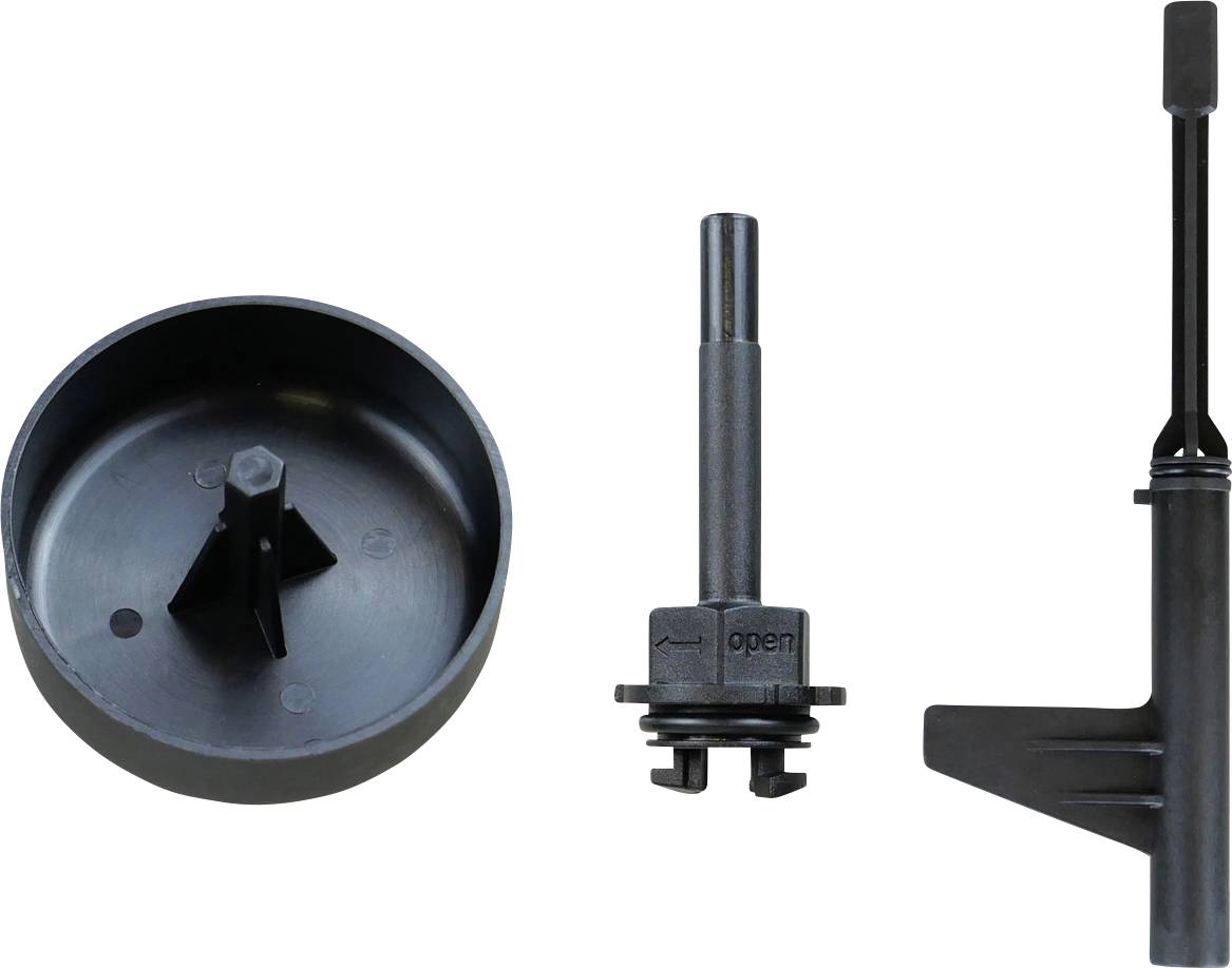 Drei schwarze zylindrische Autowerkzeuge: ein kreisförmiges, hutartiges Objekt, ein Verbindungsstück mit der Aufschrift „offen