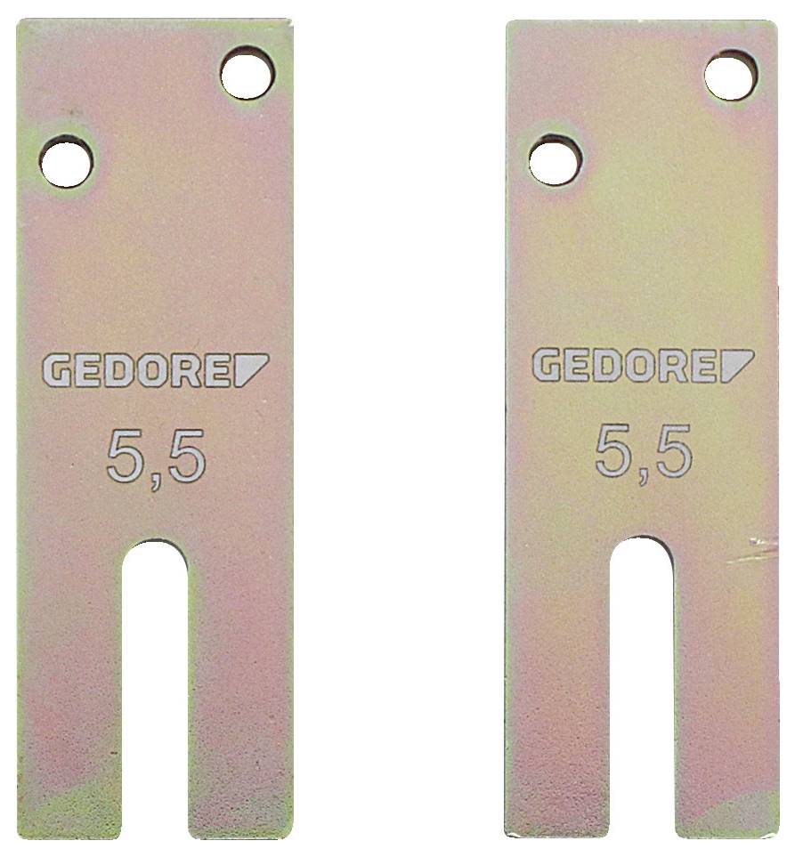 Zwei Metallabstandsbleche mit der Bezeichnung 'GEDORE 5,5' mit Löchern oben, verwendet zum Einstellen von Spalten oder zur Ausrichtung.