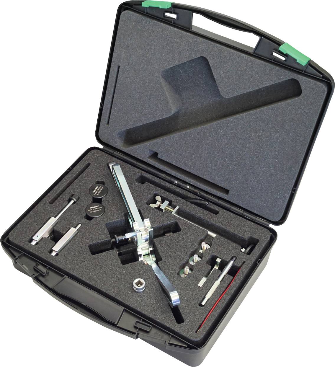 Ein Metallspannwerkzeug mit zentralem Bolzen und Feder, gekennzeichnet mit 'GEDORE KL-0120-911 Made in Germany'.