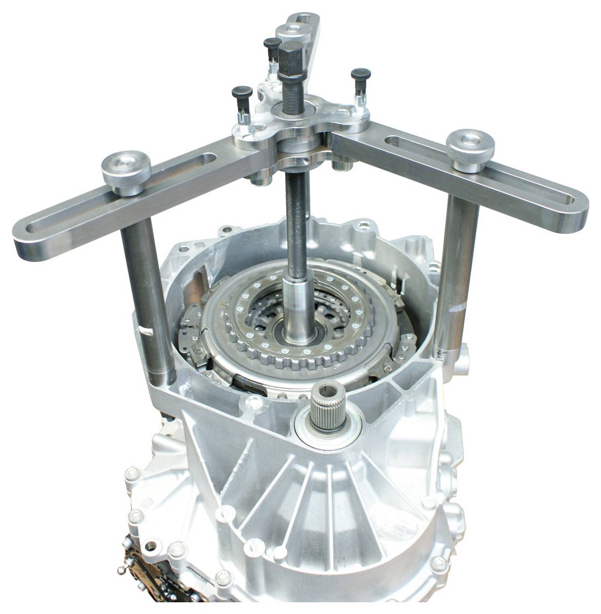 Getriebeprüfvorrichtung mit Komponenten, die zum Testen angeordnet sind. Hervorgehoben sind die Zahnräder und die Stützstruktur zur Analyse.