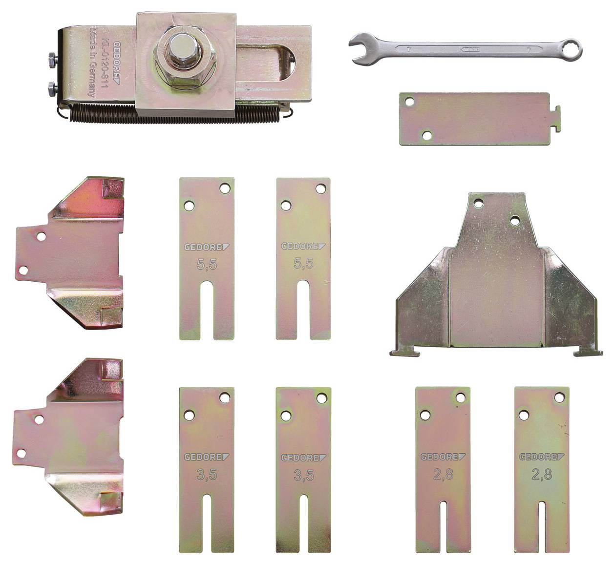 'GEKO' Schwergewicht-Kalibrierbleche für Autoreparaturen, enthält einen Schraubenschlüssel und verschiedene Bleche mit Dickenmessungsbezeichnungen.