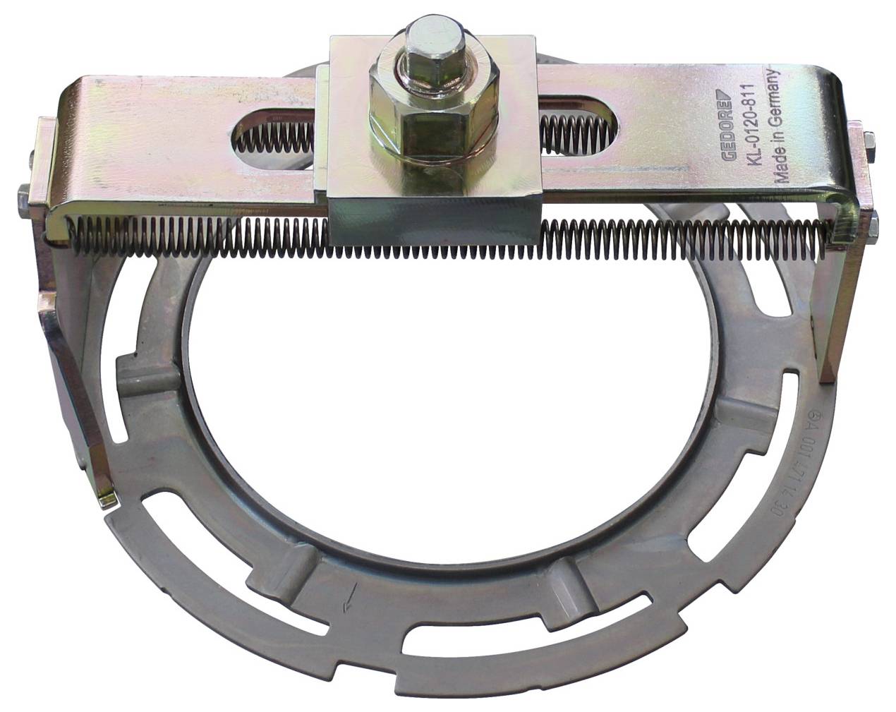 Eine metallische Rohrklemme mit einer rechteckigen Deckplatte, einem Bolzen und einer Feder, die auf einer kreisförmigen Basis ruht. Auf ihr ist 