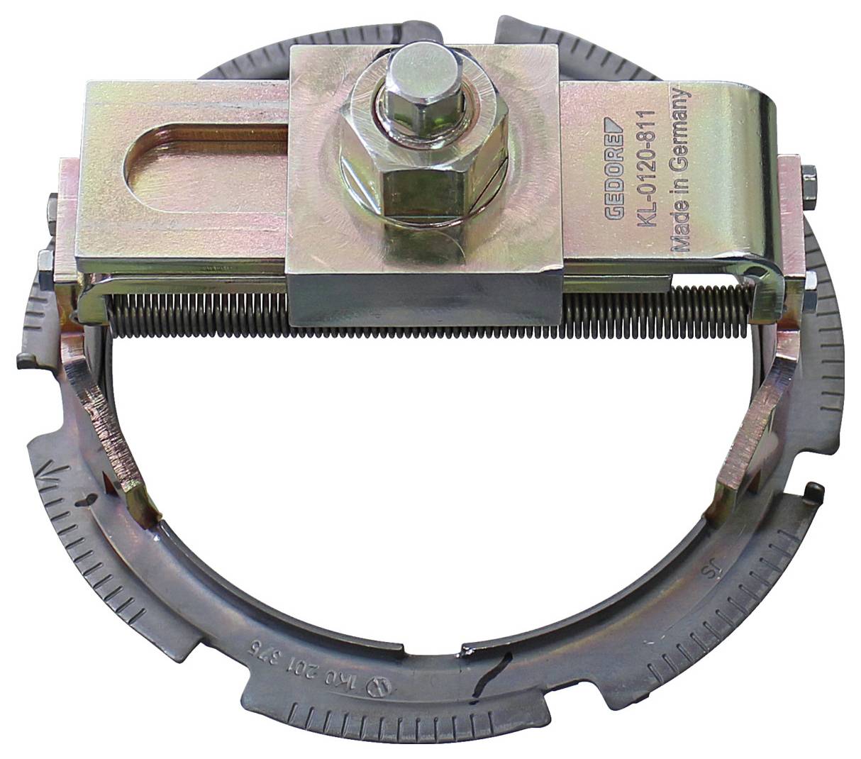 Ein Metallwerkzeug mit einer Rundschelle und einem verstellbaren Spannmechanismus, das zum Sichern oder Handhaben von Objekten verwendet wird.