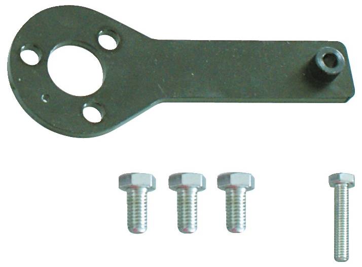 Ein Metallwerkzeug mit Löchern und einer erhobenen Kante wird über drei kurzen Bolzen und einem längeren Bolzen gezeigt, was darauf hinweist, dass sie in der Verwendung zusammenhängen.