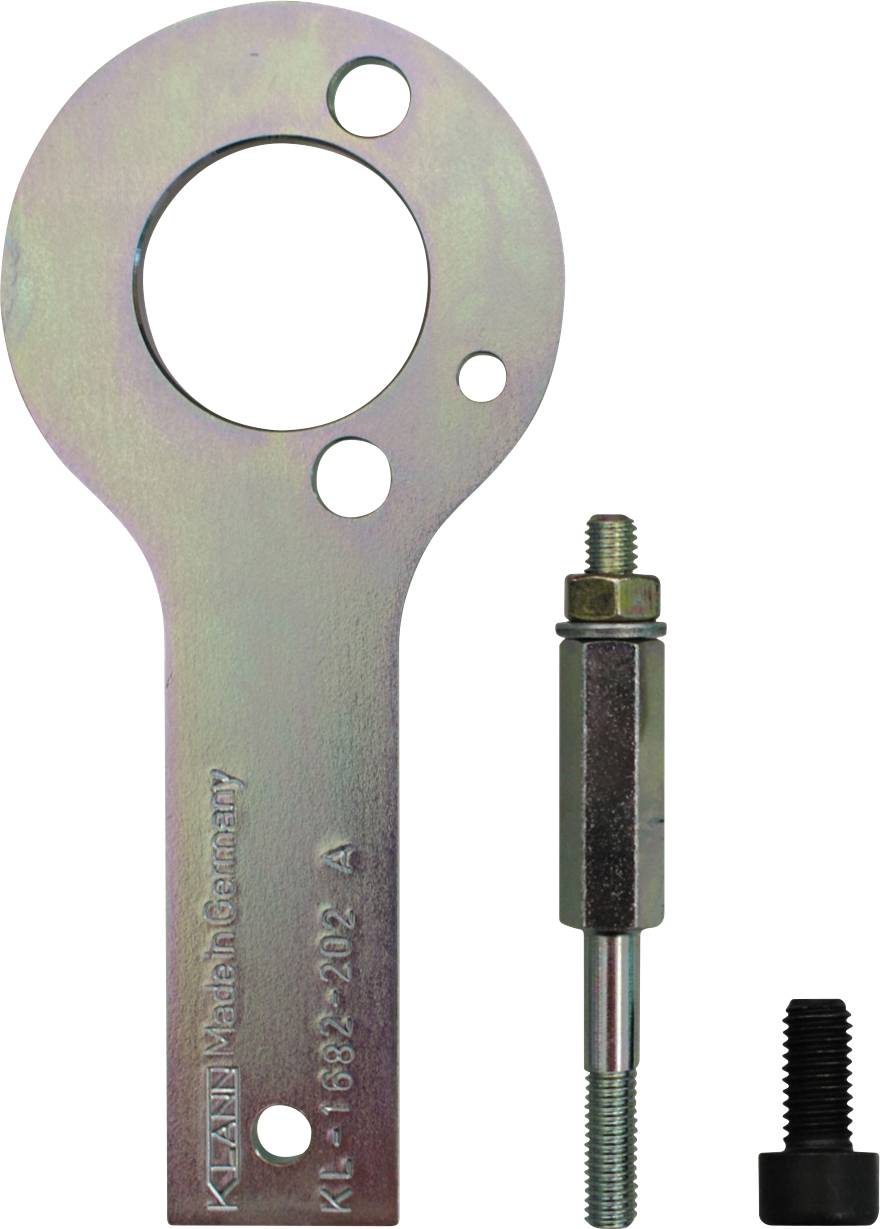 Ein Metallschlüssel-Werkzeug mit einer kreisförmigen Öffnung und Schraubenloch, begleitet von zwei Metallschrauben unterschiedlicher Größe, verwendet für mechanische Einstellungen.