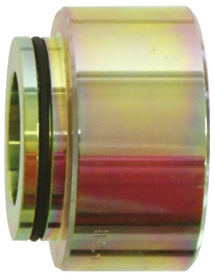 Ein farbiges, metallisches zylindrisches Teil mit einem schwarzen Gummimedaillon um seine Nut, das in mechanischen Baugruppen verwendet wird.