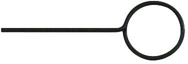 Eine schwarze Drahtöse mit Pin, die eine Schleife an einem Ende und einen geraden Stift aufweist, der sich von der Schleife erstreckt.