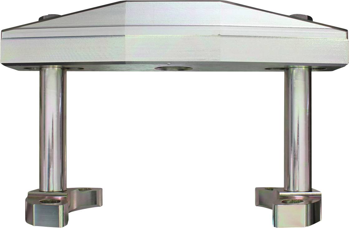 Eine metallische mechanische Komponente mit zwei zylindrischen Stangen, die an einer rechteckigen Platte befestigt sind, wahrscheinlich Teil einer Maschine oder einer Industriemontage.