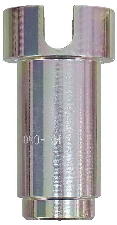 Ein zylindrisches Metalwerkzeug mit hohler Oberseite und einer U-förmigen Aussparung an einem Ende, wahrscheinlich für mechanische oder Sanitäranwendungen verwendet.