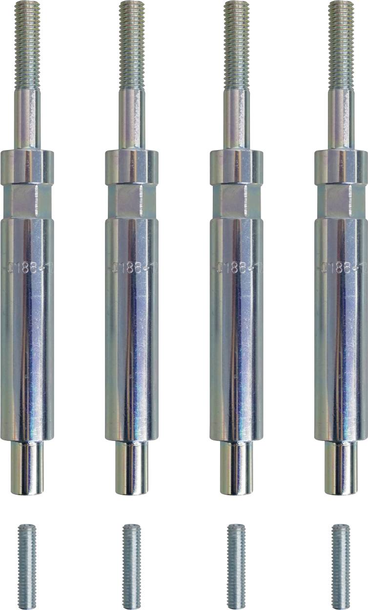 Vier identische Metallstangen mit Gewinde an den Enden, vertikal nebeneinander ausgerichtet, werden vor weißem Hintergrund gezeigt.