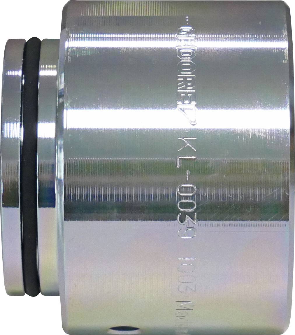 Ein glänzendes metallisches zylindrisches Teil mit gerillten Enden und Inschriften auf der Seite, das als mechanische Komponente in verschiedenen Baugruppen verwendet wird.