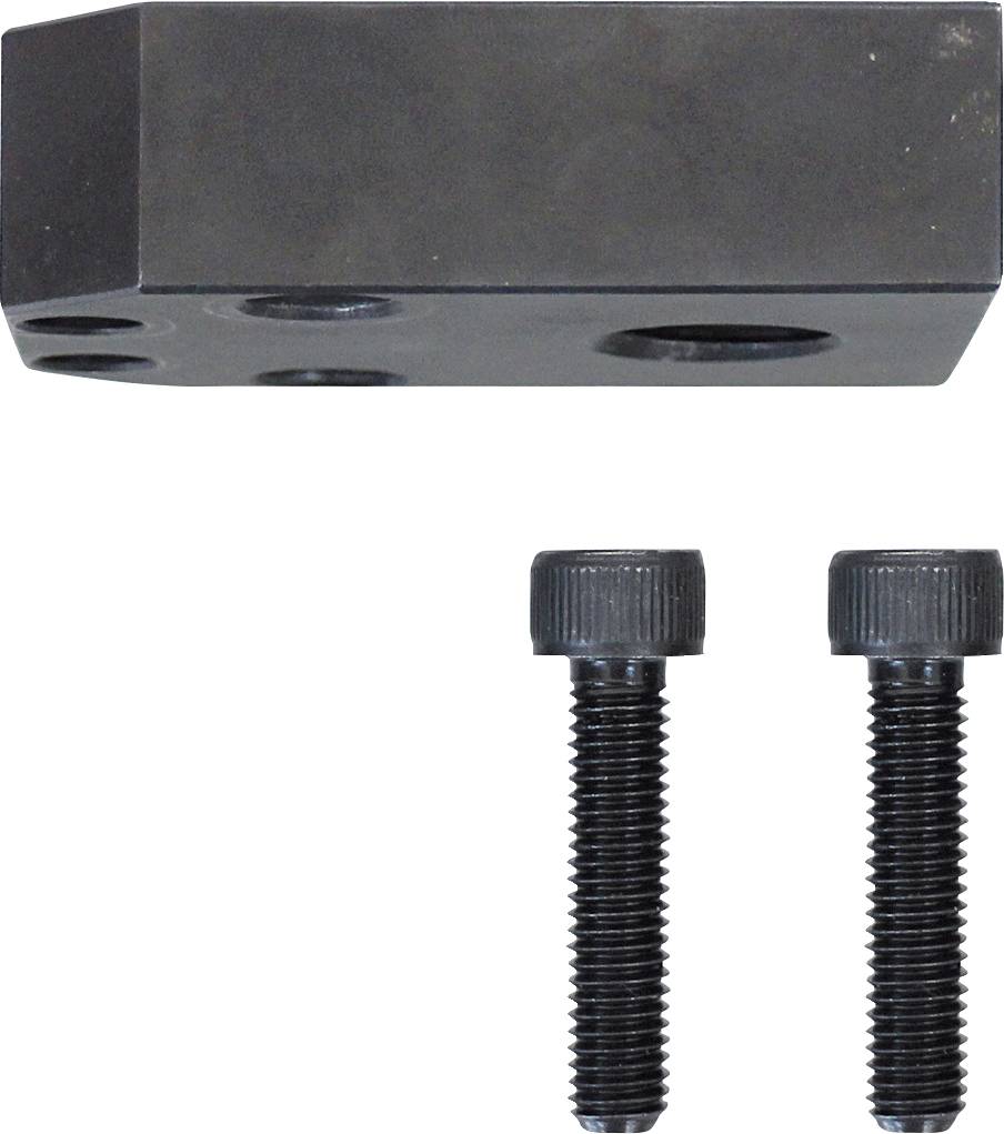 Ein rechteckiger Metallblock mit Gewindebohrungen ruht auf zwei Sechskantschaftschrauben auf weißem Hintergrund.