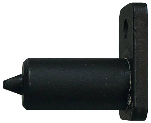 Ein schwarzer, zylindrischer Türstopper mit einer verjüngten Spitze und einer flachen Befestigungsbasis mit einem Loch zur Befestigung.