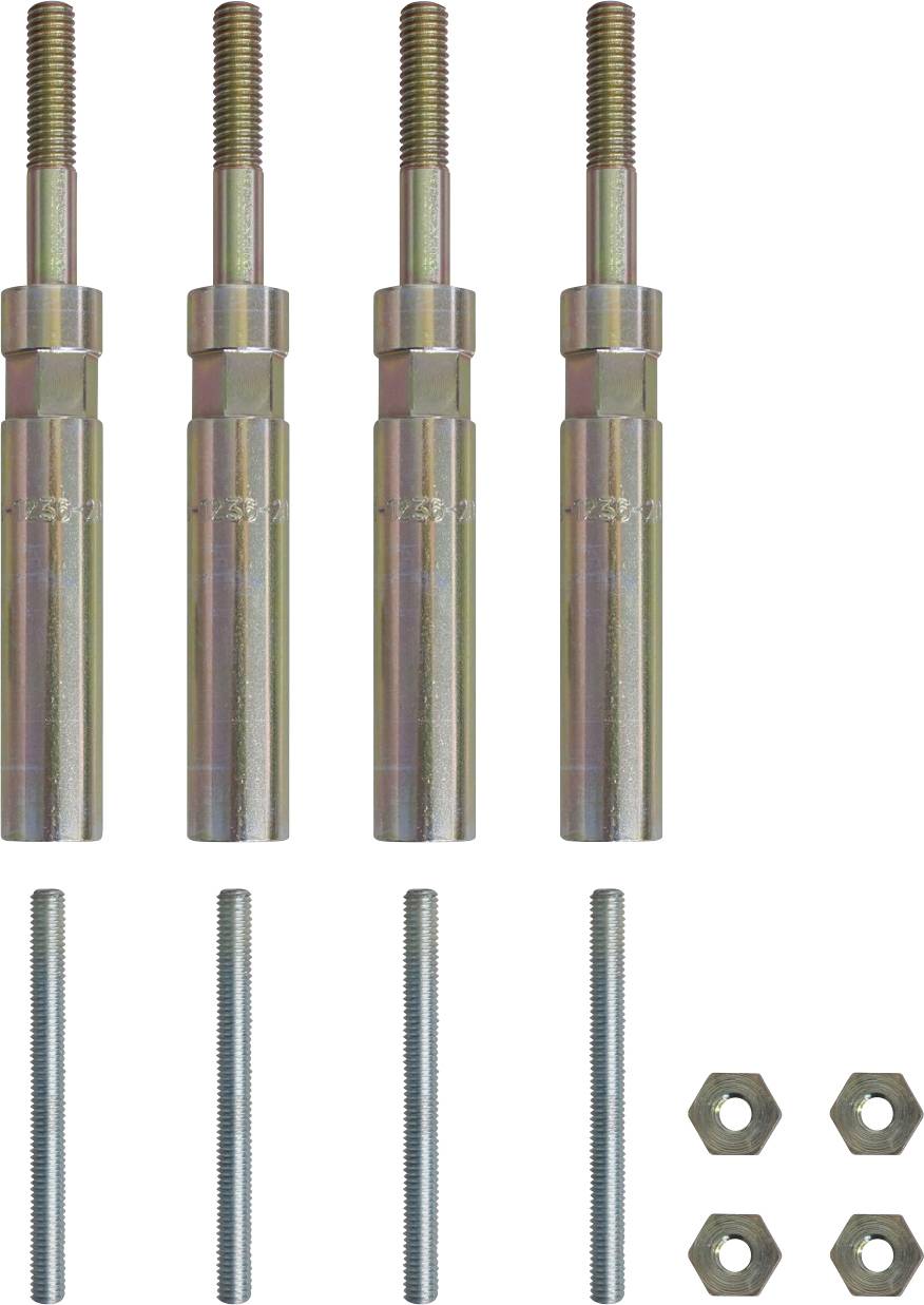 Ein Satz Autowerkzeuge und Komponenten bestehend aus einer Metallplatte, zylindrischen Teilen, Unterlegscheiben und Schrauben, wahrscheinlich für die mechanische Montage.