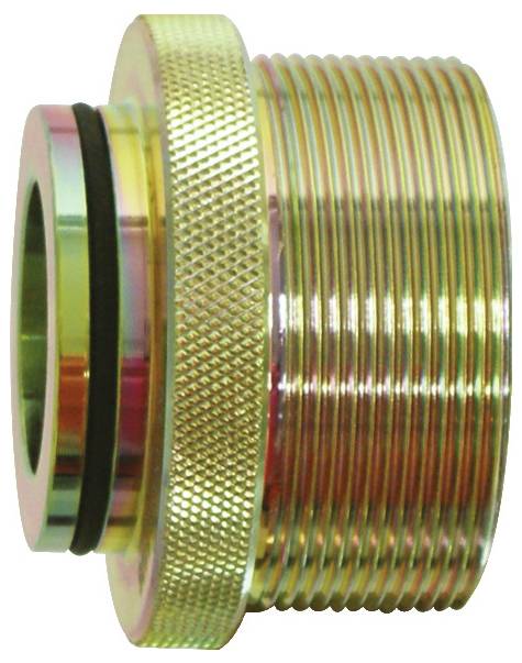 Ein Messinggewinde-Steckverbinder mit schwarzem O-Ring wird gezeigt. Der Steckverbinder hat einen gerillten Abschnitt zum Greifen und Spiralgewinde zum Befestigen.