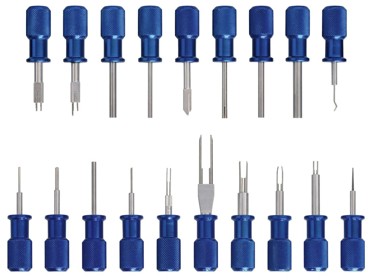 Ein Satz von Detaillierungswerkzeugen mit blauen Griffen und verschiedenen Metallspitzen, in zwei Reihen angeordnet, verwendet für Präzisionsaufgaben.
