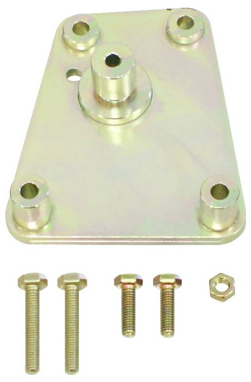 Eine Metallplatte mit einem erhabenen zentralen Zylinder und vier Ecklöchern, begleitet von drei Schrauben und einer Mutter darunter.