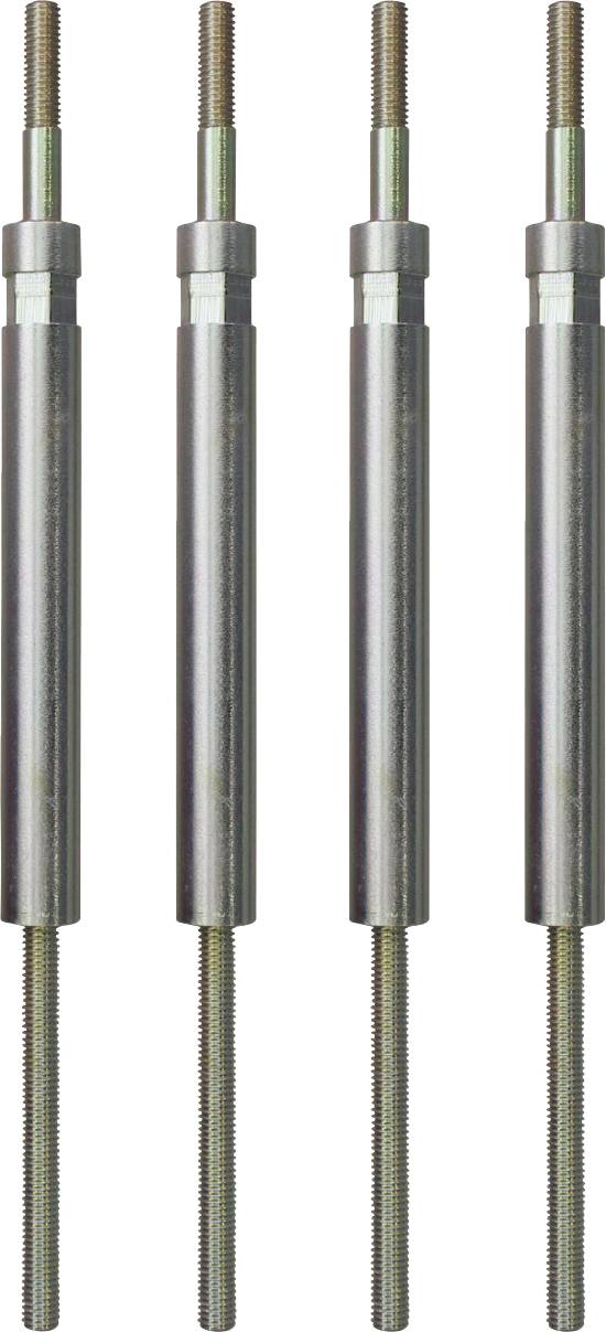 Vier identische zylindrische Metallstäbe mit Gewinde an den Enden, gleichmäßig vertikal ausgerichtet.