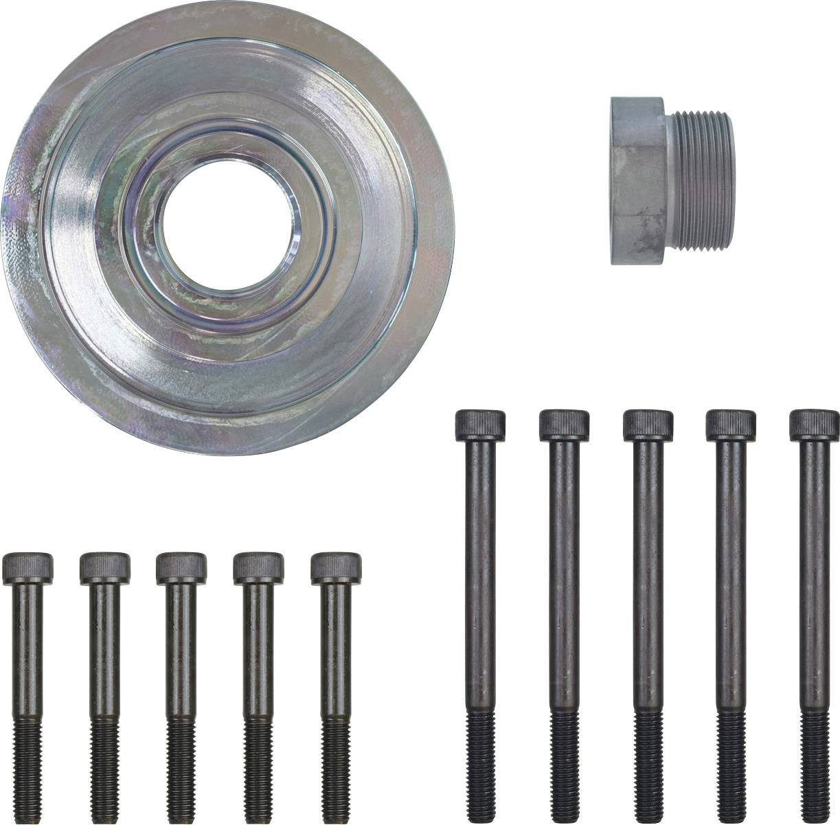 Eine Sammlung von Automobilteilen einschließlich einer runden Metallnabe, einer Gewindeverbindung und acht Bolzen, die in zwei Reihen angeordnet sind.