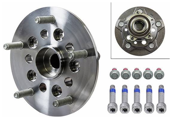 Radnabenbaugruppe mit befestigten Bolzen und Lagern, einschließlich einer Nahaufnahme der Rückseite der Nabe im Inset.
