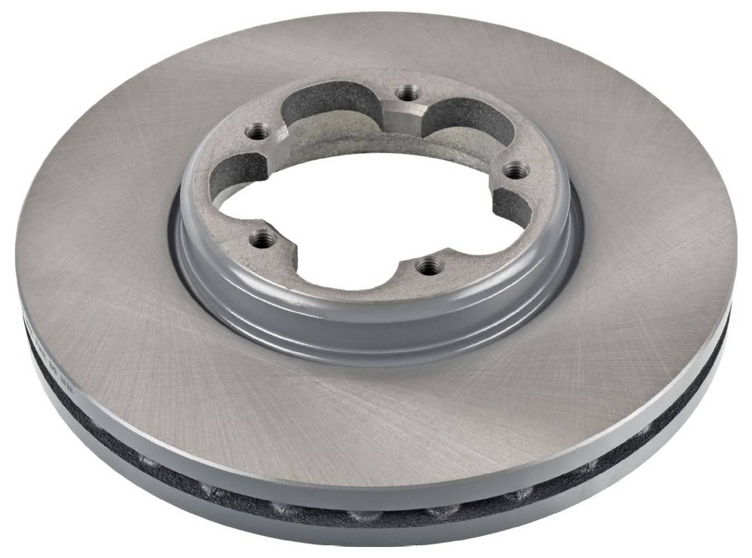 Eine Metallbremssscheibe für ein Fahrzeug mit einer glatten, runden Oberfläche und belüfteten Schlitzen auf der Seite zur Wärmeableitung.