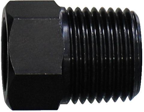 Ein schwarzer, sechseckiger Rohradapter für Steckerseite mit Gewindeenden, typischerweise verwendet zum Verbinden von Rohren in Sanitär- und Industrieanwendungen.