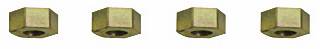 Vier sechskantigen Metallmuttern horizontal angeordnet.