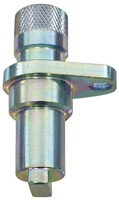 Eine Nahaufnahme eines metallischen Bolzenstifts mit strukturiertem Griff und einer seitlichen Befestigung, der zum Sichern von Komponenten in Maschinen oder Ausrüstungen verwendet wird.