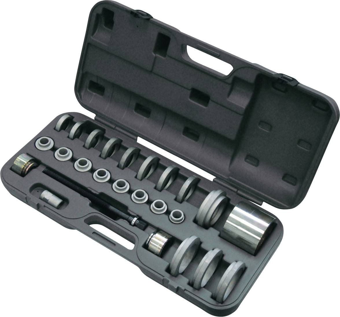 Mehrere Reihen von Metallscheiben und Abstandshaltern, die in einem Raster auf einem schlichten Hintergrund angeordnet sind, unterschiedlich in Größe und Dicke.