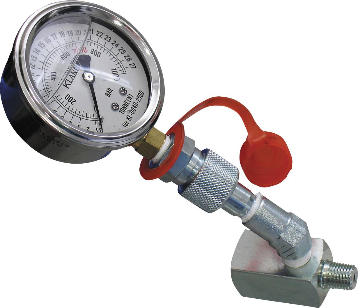Manometer mit Metallverbinder, Anzeige von 0 bis 400 bar, mit roter Schutzkappe auf einer Metallfassung.