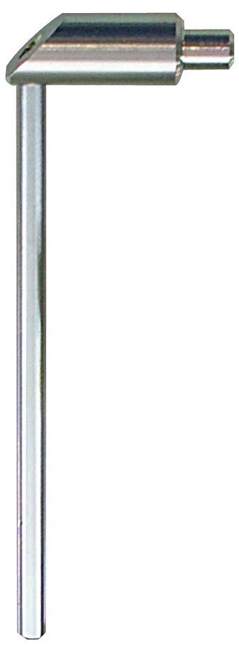 A metal hex key wrench with a long arm and a short arm, featuring a hexagonal head at each end, typically used for tightening bolts.