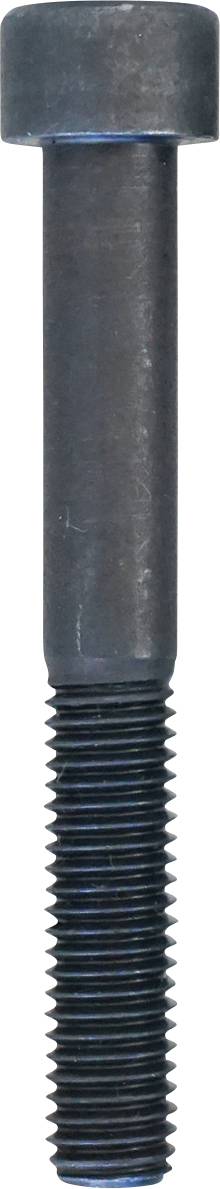 Eine Nahaufnahme eines einzelnen schwarzen Metallbolzens mit zylindrischem Kopf und Gewindeschaft, vertikal vor einem einfachen weißen Hintergrund angezeigt.