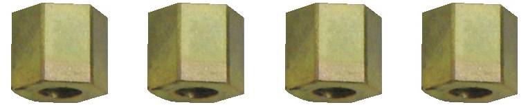 Vier sechseckige Messingabstandhalter in einer Reihe angeordnet, jeder mit Gewindelöchern, verwendet zum Montieren oder Befestigen von Komponenten.