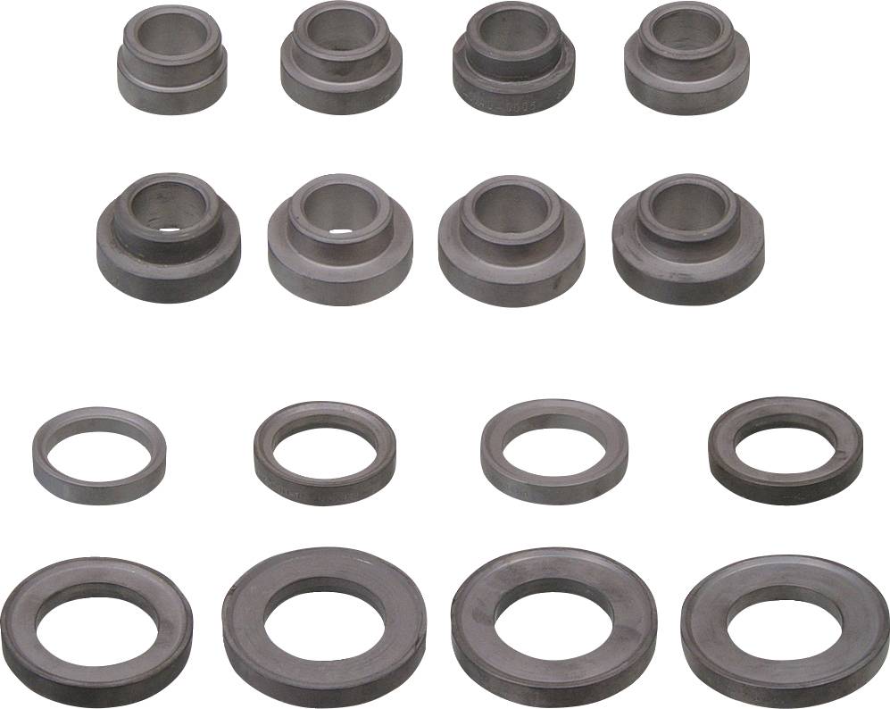 Ein Satz aus Metallscheiben in Reihen angeordnet, die verschiedene Größen und Dicken zeigen.